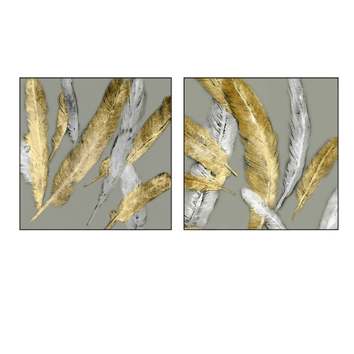 Everly Quinn Canvas Wall Art Golden and White Feather Framed Painting